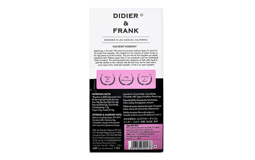 Didier & Frank Milk Chocolate, Rich Milk    Box  50 grams